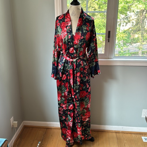 Valentino Intimo navey & red floral maxi slip dress & robe/duster EUC S/M - Picture 3 of 13
